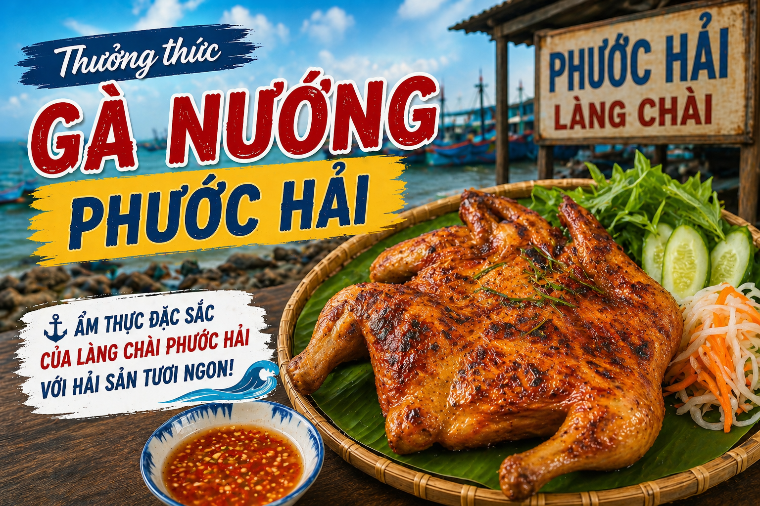 Thưởng thức gà nướng phước hải – ẩm thực đặc sắc của làng chài Phước Hải với hải sản tươi ngon.