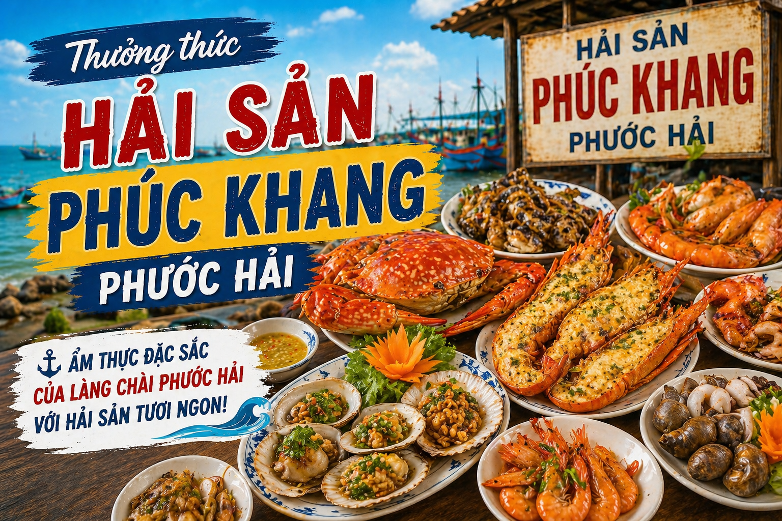 Thưởng thức hải sản phúc khang phước hải – ẩm thực đặc sắc của làng chài Phước Hải với hải sản tươi ngon.